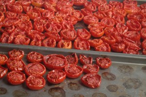 Cut tomatoes, slowly roasted.