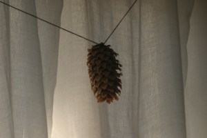 Houseproud homestead project - a close-up of a cone on the spruce cone garland that hangs in our living room window.