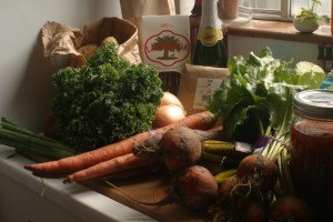 We get our veggies from the Alameda Natural Grocery in the Marketplace when we haven't made time to go to a farmer's market.  I really like shopping at the Marketplace, making my way from vendor to vendor.  Besides stopping at ANG, we always get bread from Feel Good, and we often get meat or charcuterie from Baron's.  The bagels are from House of Bagels, which is just down the street from the Marketplace (across from Peet's).  