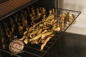 Slices of dried zucchini, on their way out of the oven.