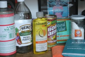 Collection of cleaning supplies, ready to be put into action.  Here's a tip I just learned - perhaps you do this already - you can use baking soda to clean cast iron cookware in minutes!  (I've used coarse salt to remove stubborn particles of food from cast iron  before, but only recently learned that baking soda will do the job on less stubborn bits, too.  If the pan simply won't come clean, have fun with science:  pour a little vinegar into the pan with the baking soda and watch it foam away those greasy food particles!)  