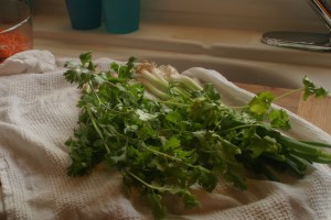 Rinse herbs or vegetables well, shake off excess water, and place on clean towel ...