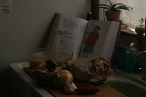 Ingredients assembled for braised chicken, along with my cookbook guide - the French cook book called "I can cook", by Ginette Mathiot.  I am planning to braise our turkey next week, so this was my rehearsal for Thanksgiving.   