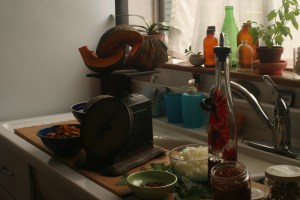 Ingredients for Deborah Madison's winter squash soup, as provided by this month's Sunset magazine.  Having a kitchen scale is a godsend, really it is ...