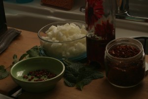An assortment of spices and herbs to be used in my version of Madison's  winter squash soup.