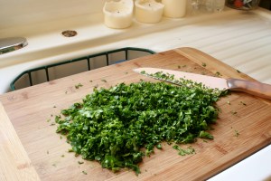 This is the flat leaf parsley, chopped and ready to be minced with the onion.  The curly leaf parsley, which I chopped separately, didn't look much different when it had been chopped, so I'll spare you the photo ...  