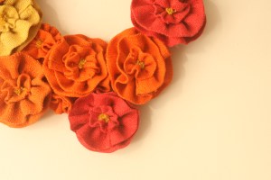 Houseproud projects - Wreath of burlap flowers with yellow stamens close up